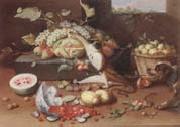 Jan Van Kessel the Younger Still life of a watermelon,pears,grapes and melons,plums,apricots and pears in a basket,with a dog surprising a monkey and fraises-de-bois spilling ou oil painting